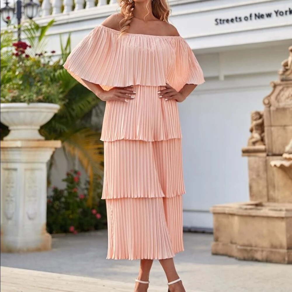 Bardot Pleated Tiered Layered Midi Dress in Baby Pink